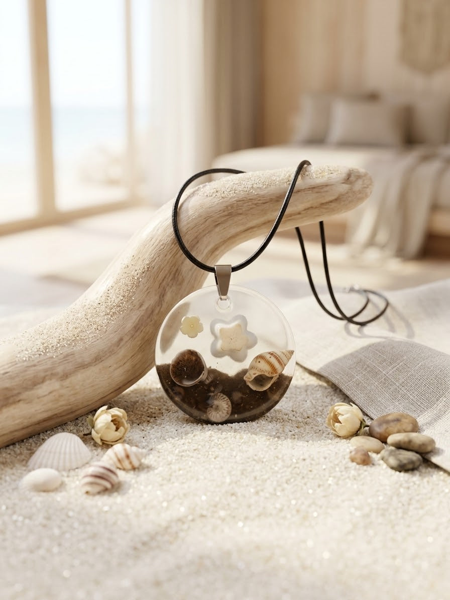 Handmade Resin Ocean Seashell Pendant Necklace – Beach Keepsake Round Charm